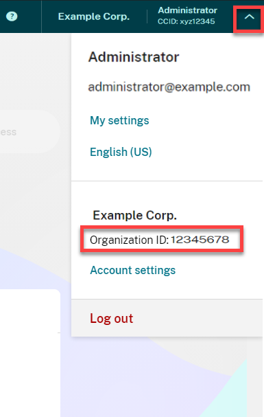 Account Settings page with OrgID highlighted