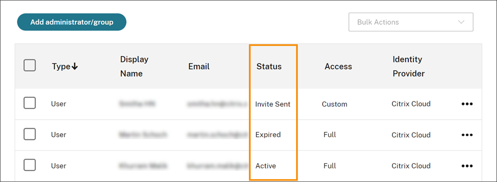 Citrix Cloud console with Status column highlighted