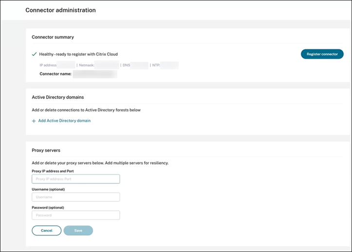 Connector administration page with Proxy servers section