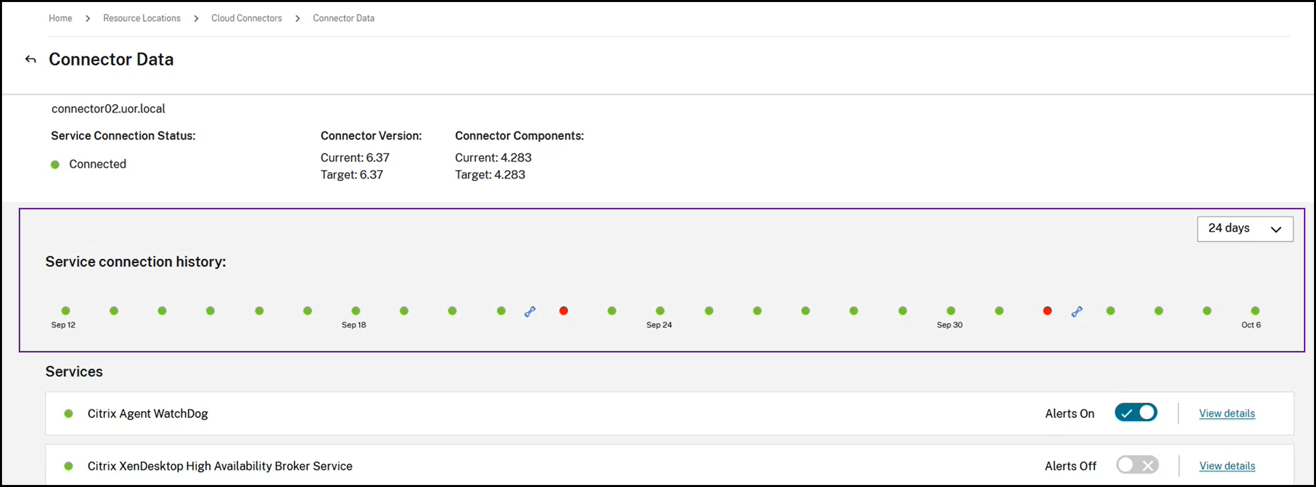 Connector advanced health check main page service continuity history