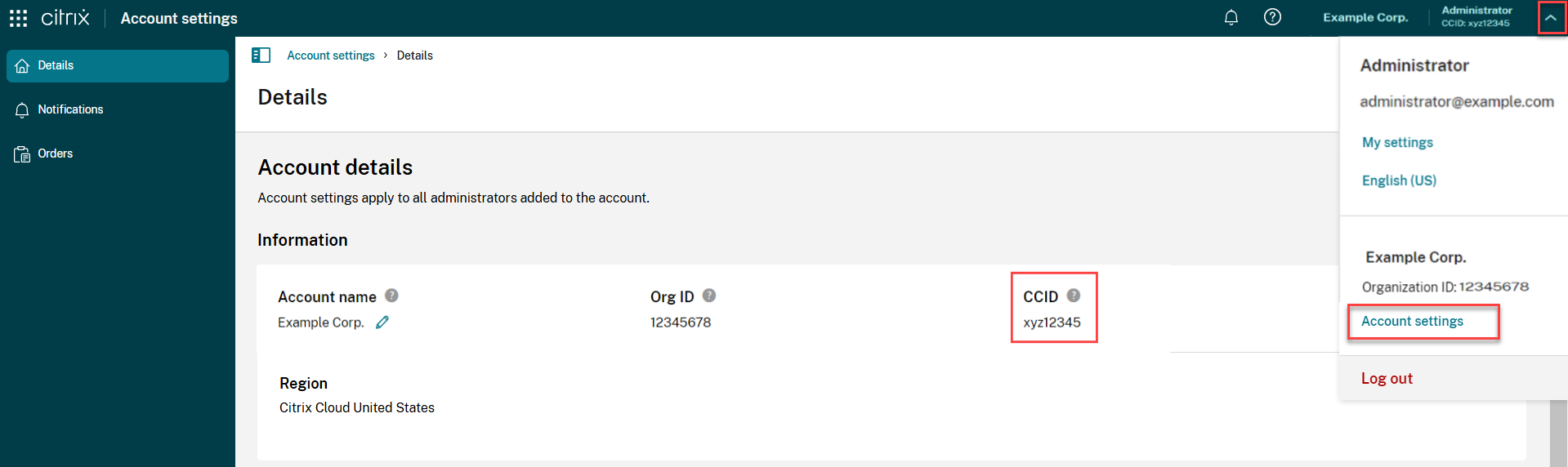 Customer menu with Account Settings highlighted