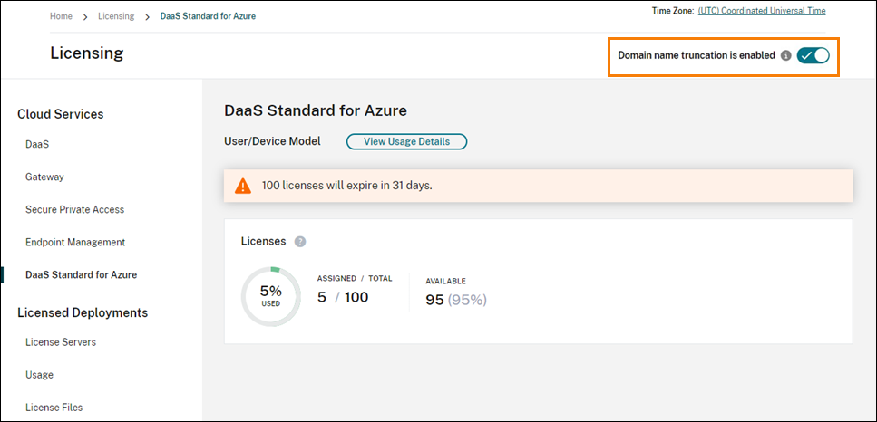 Licensing summary page with domain truncation toggle highlighted