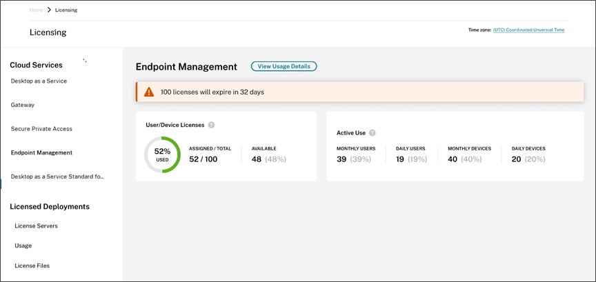 License & Usage summary view