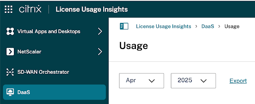 Products tab with service selected in License Usage Insights console