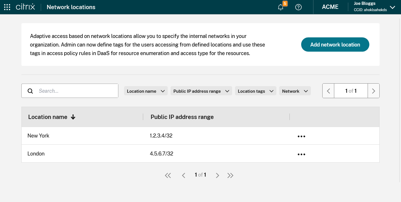 Network Locations screen