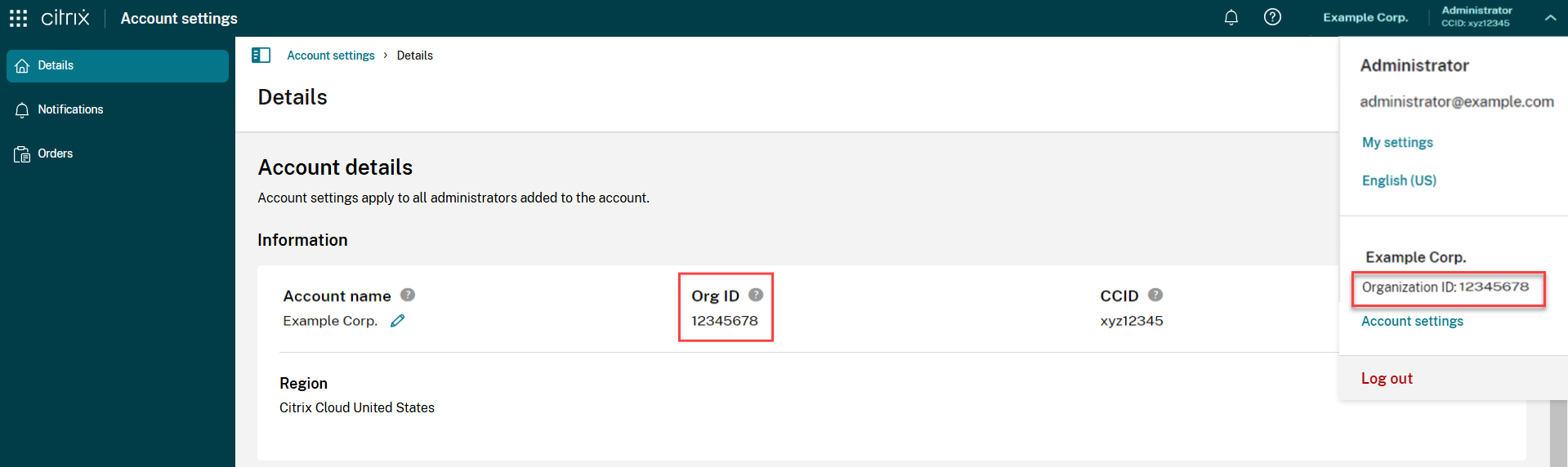 Account Settings page in Citrix Cloud console with Account Settings menu displayed and Organization ID field highlighted