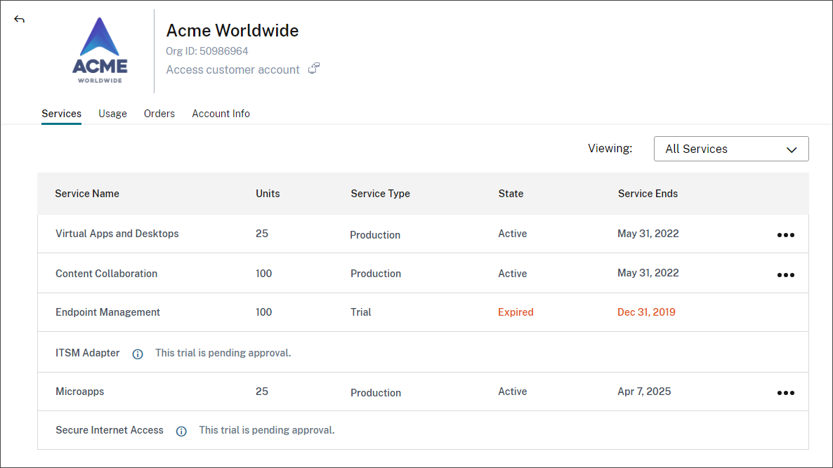 Partner dashboard with Services tab