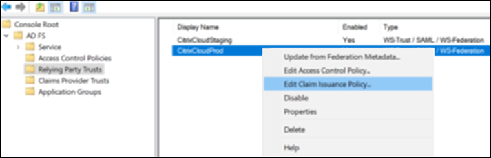 ADFS console with Edit Claim Issuance Policy menu option selected