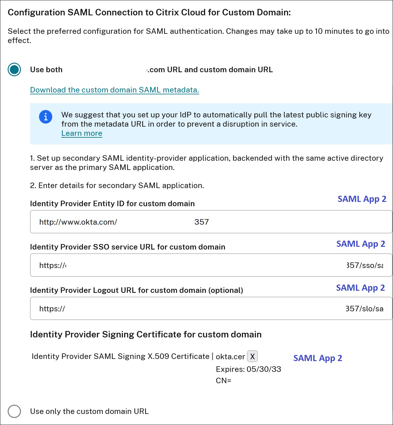 SAML configuration panel for Workspace custom domains