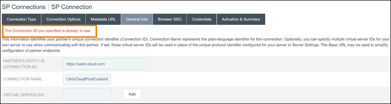 Entity ID in PingFederate console with error text highlighted