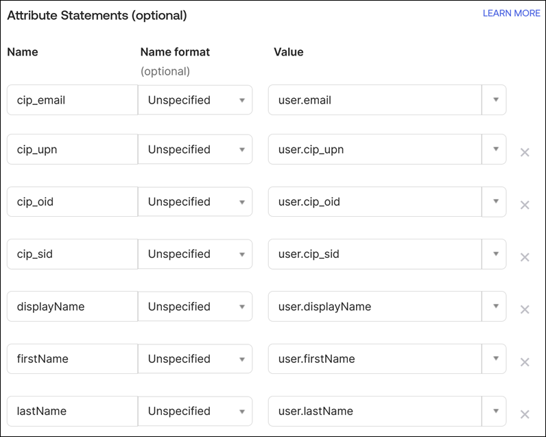 Okta console with configured attributes