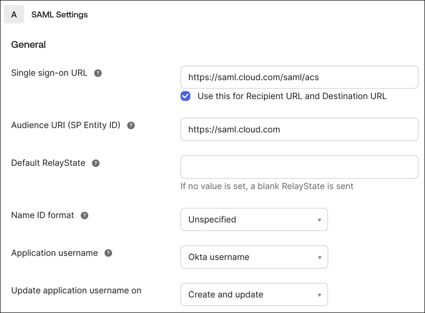 SAML Settings in Okta console with settings configured