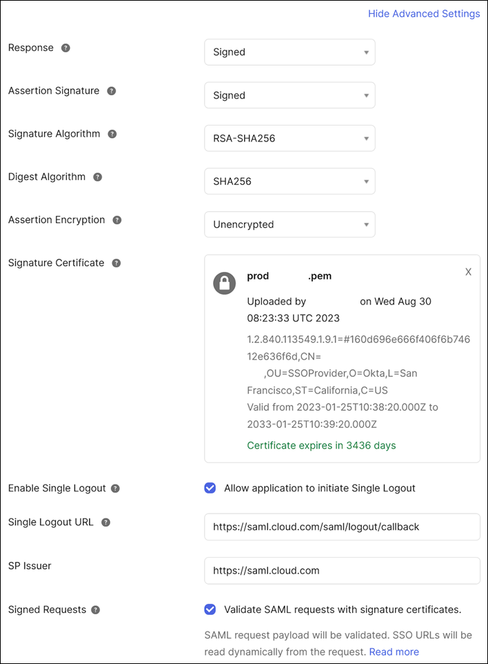 Advanced SAML settings in Okta console with settings configured
