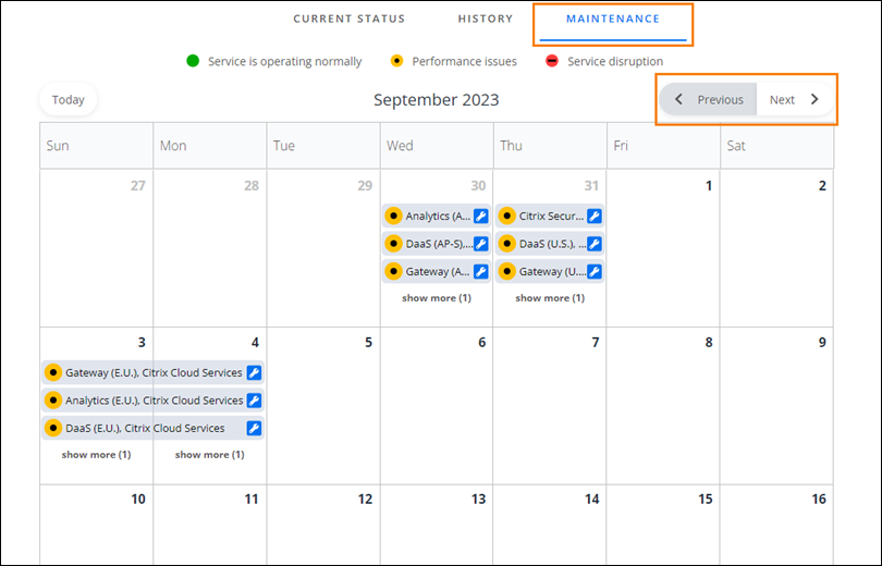Cloud Health Dashboard with Maintenance highlighted