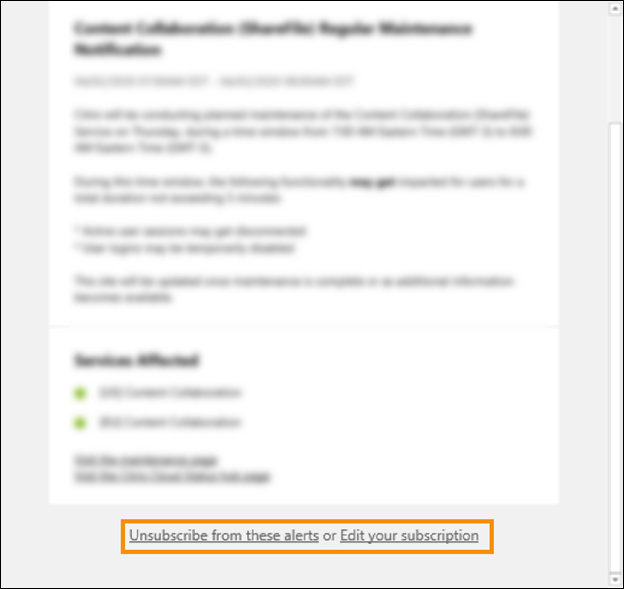 Service health notification email with subscription options highlighted