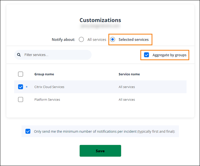 Service health subscription with group selected