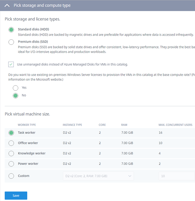 Virtual Apps Essentials pick storage and compute type page