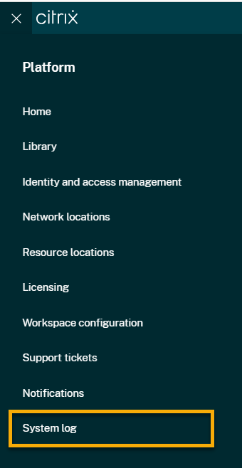 Citrix Cloud menu with System Log highlighted